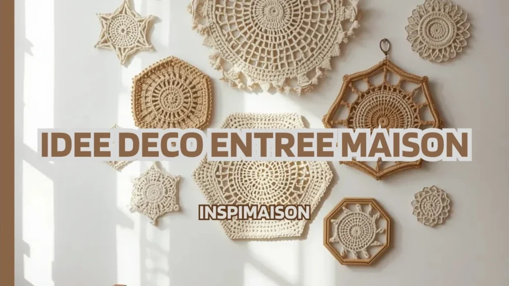 Mur blanc décoré de mandalas en crochet beige style bohème, avec le texte idee deco entree maison et le logo Inspirmaison.