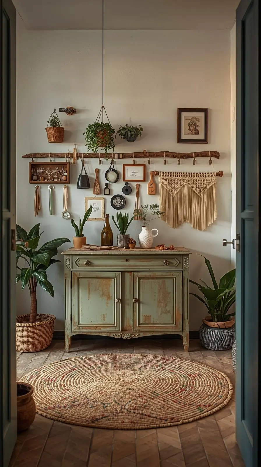 Entrée style atelier nature avec branche de bois flotté transformée en porte-objets mural, meuble vintage patiné vert sauge, macramé et plantes suspendues. Déco artisanale et authentique.