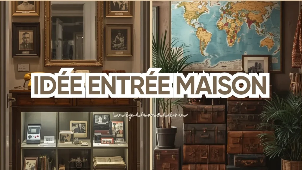 Collage inspiration déco entrée maison : à gauche vitrine style cabinet de curiosités vintage (téléphone rétro, photos), à droite ambiance voyage avec valises empilées et carte du monde. Texte "IDÉE ENTRÉE MAISON".