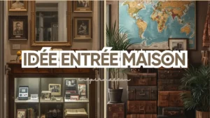 Collage inspiration déco entrée maison : à gauche vitrine style cabinet de curiosités vintage (téléphone rétro, photos), à droite ambiance voyage avec valises empilées et carte du monde. Texte "IDÉE ENTRÉE MAISON".
