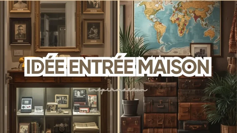 Collage inspiration déco entrée maison : à gauche vitrine style cabinet de curiosités vintage (téléphone rétro, photos), à droite ambiance voyage avec valises empilées et carte du monde. Texte "IDÉE ENTRÉE MAISON".