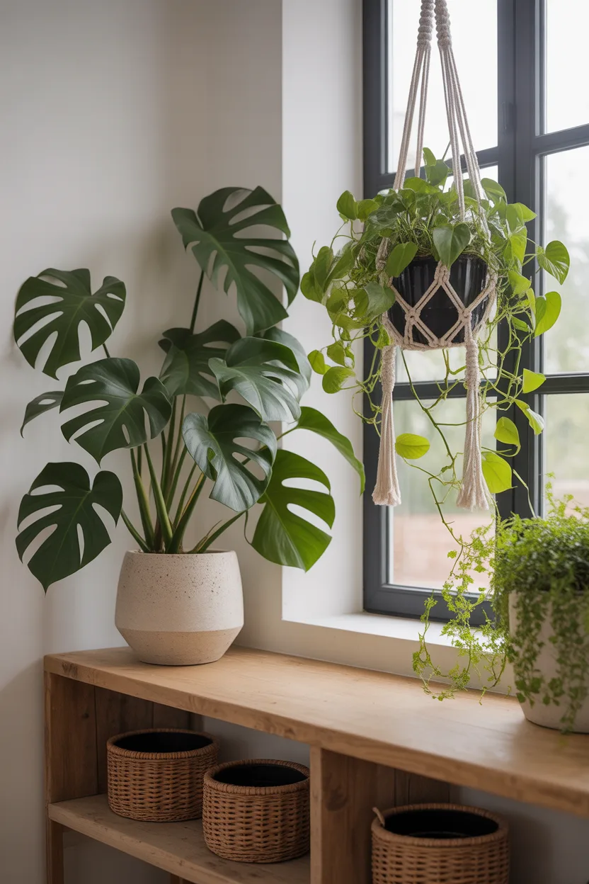 Décoration entrée nature avec console bois et plantes vertes