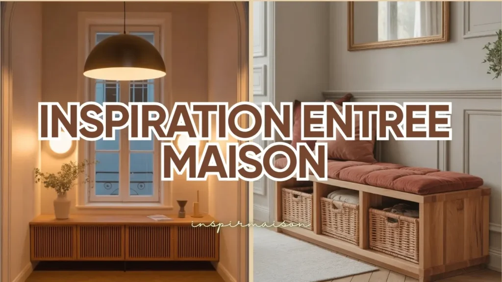Collage inspiration entree maison montrant un banc de rangement et un éclairage chaleureux