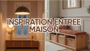 Collage inspiration entree maison montrant un banc de rangement et un éclairage chaleureux
