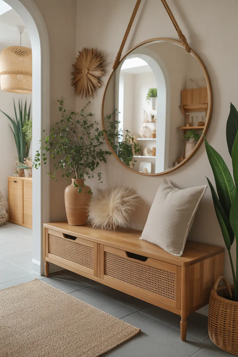 Aménagement entrée scandinave avec banc en cannage et grand miroir rond