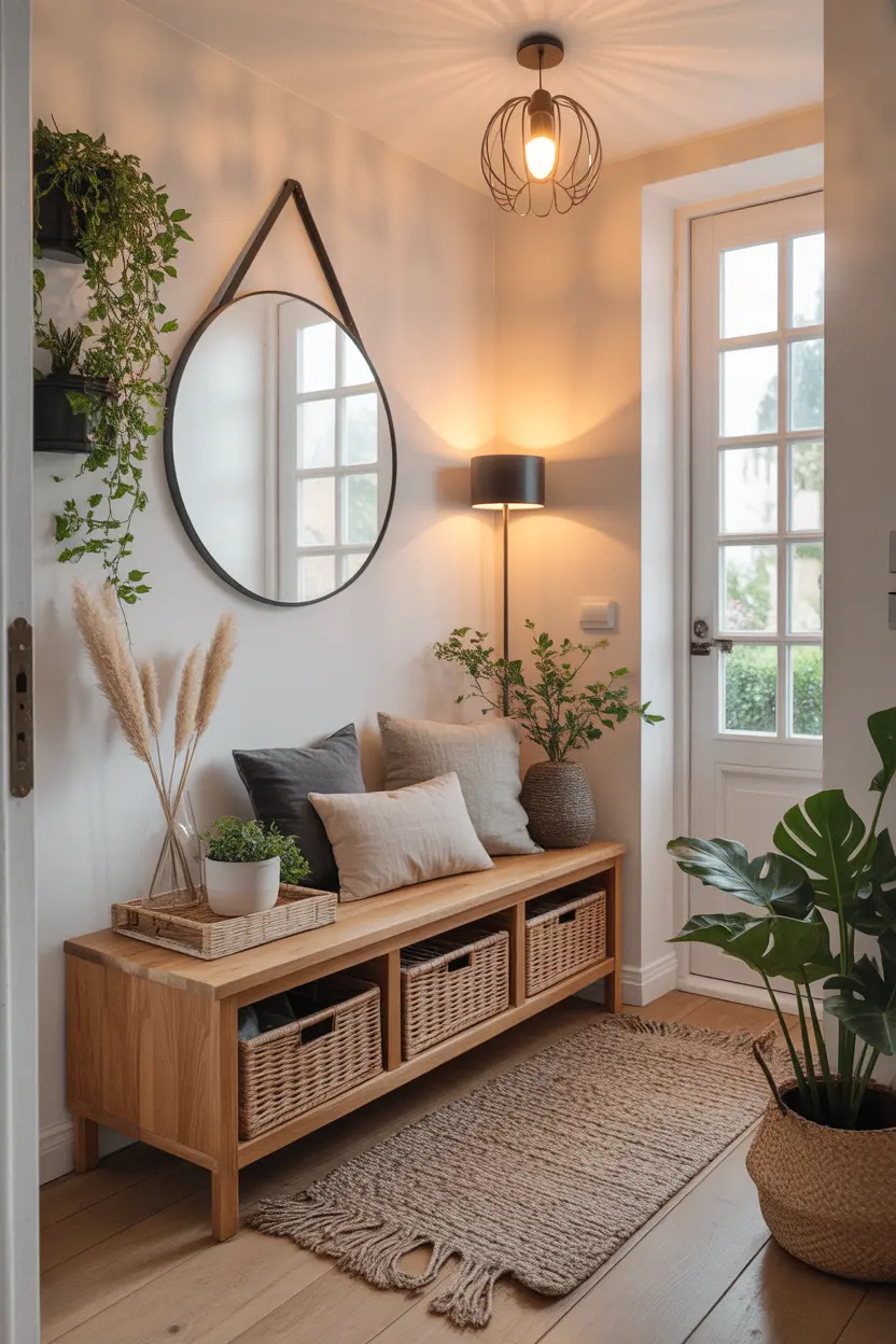 Entrée lumineuse et cosy avec banc en bois, paniers en osier, grand miroir rond et plantes vertes.