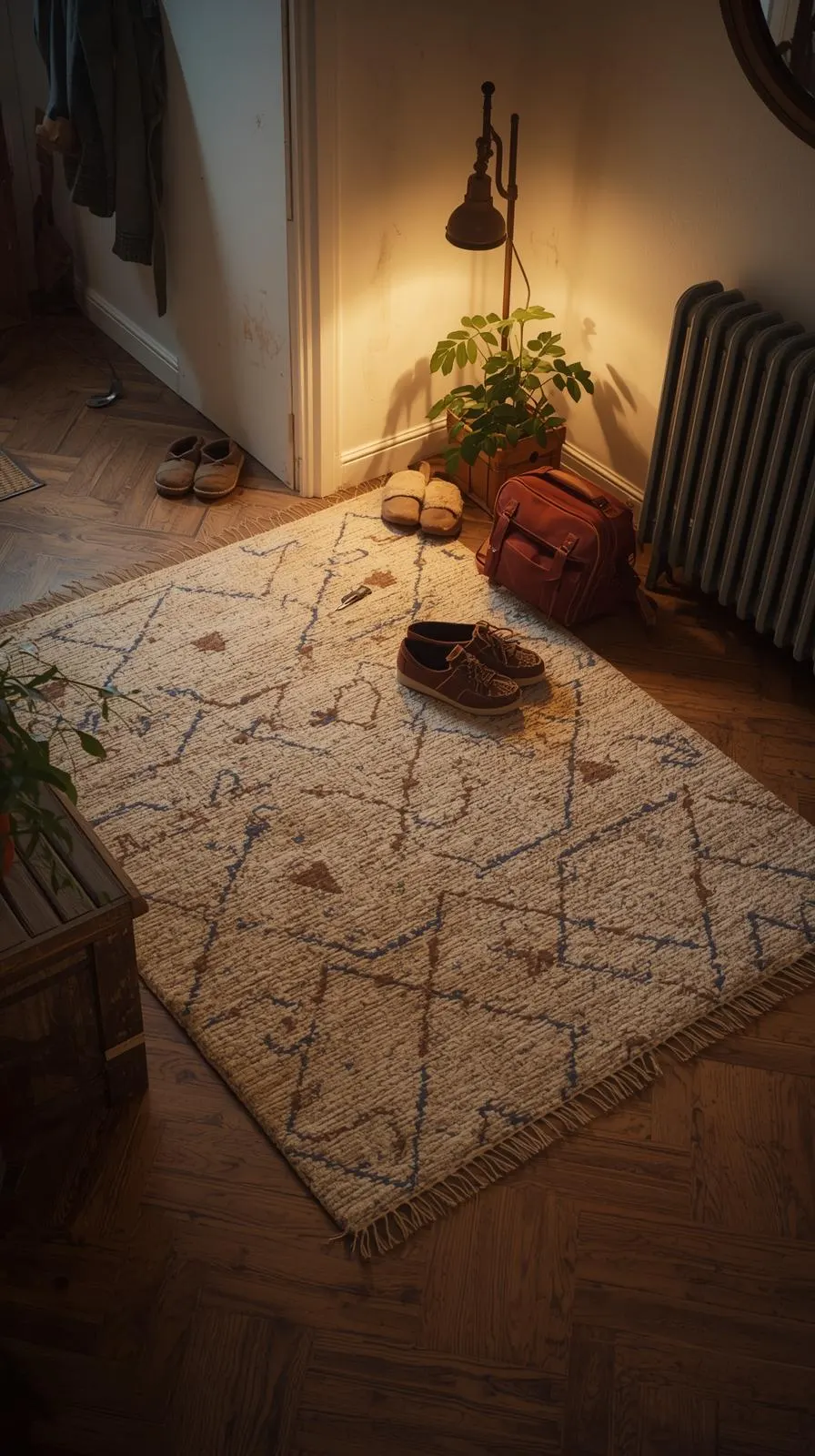 Grand tapis d'entrée moderne à motifs géométriques clairs délimitant l'espace d'un hall lumineux, avec miroir, manteau et sac.
