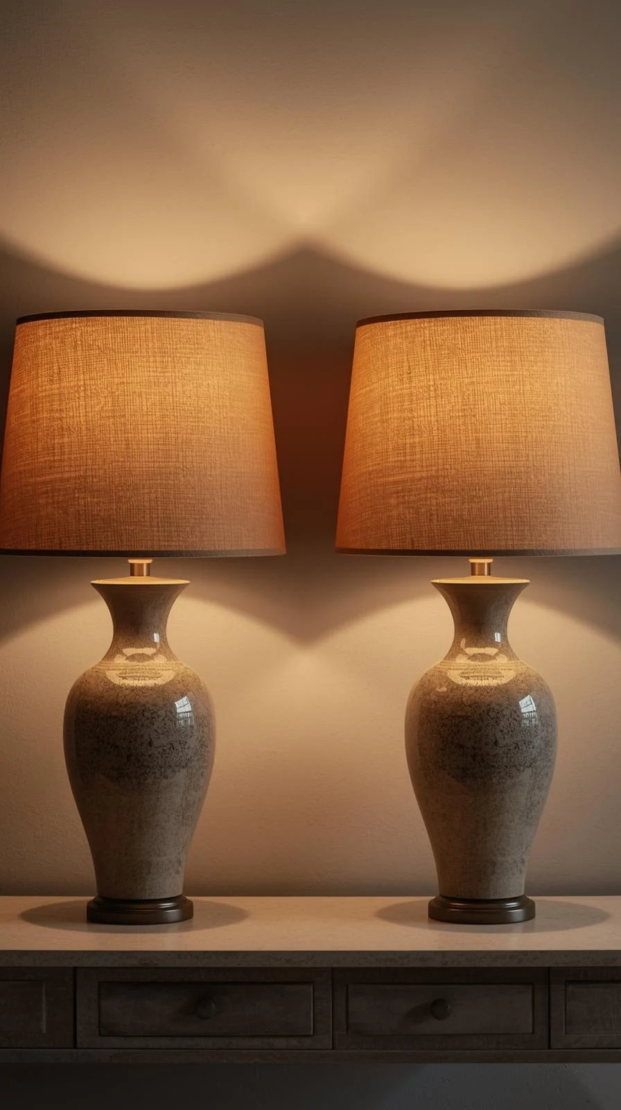 Deux lampes de table identiques avec des abat-jours en tissu, allumées et créant une ambiance chaleureuse et symétrique sur une console.
