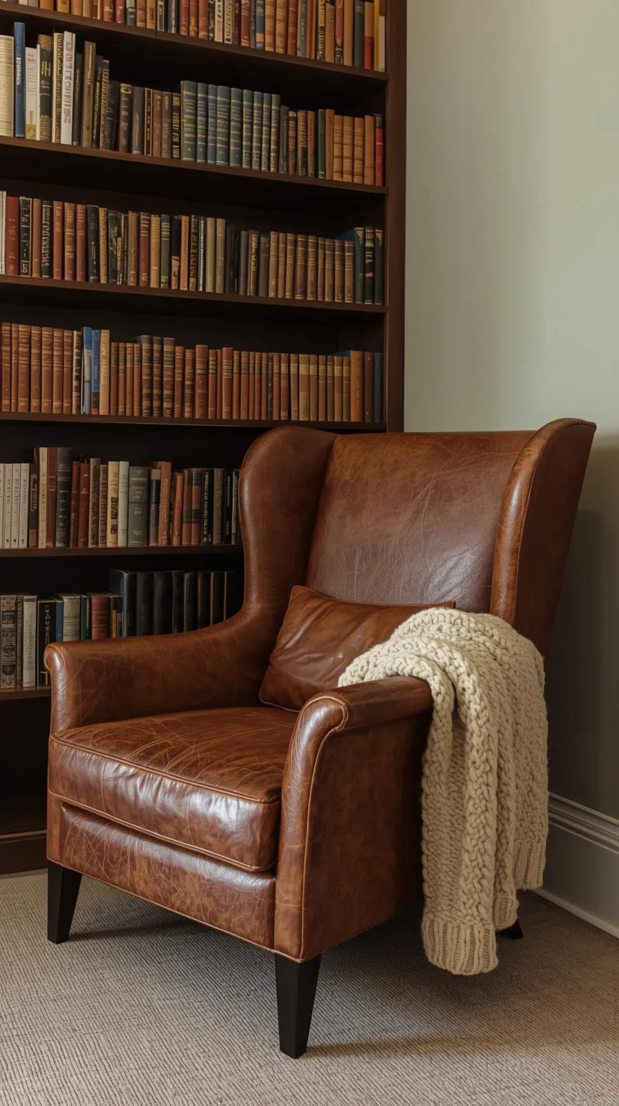 Un fauteuil club en cuir marron confortable avec un plaid en tricot beige, placé dans un coin lecture à côté d'une bibliothèque.