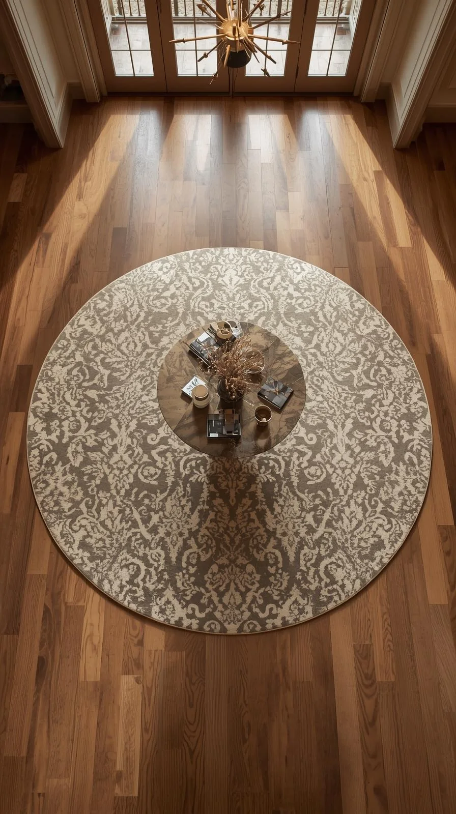 Vue de dessus d'un grand tapis rond à motifs, placé sous une table centrale dans un hall d'entrée.