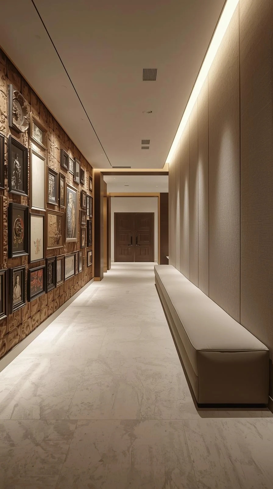 Un long couloir d'entrée avec un mur de galerie d'un côté et une longue banquette minimaliste beige de l'autre.
