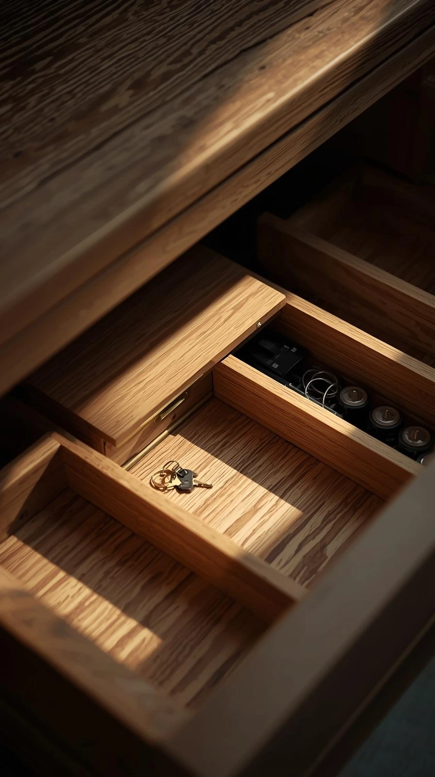 Vue plongeante d'un tiroir en bois ouvert avec des compartiments, montrant un trousseau de clés dans une section.