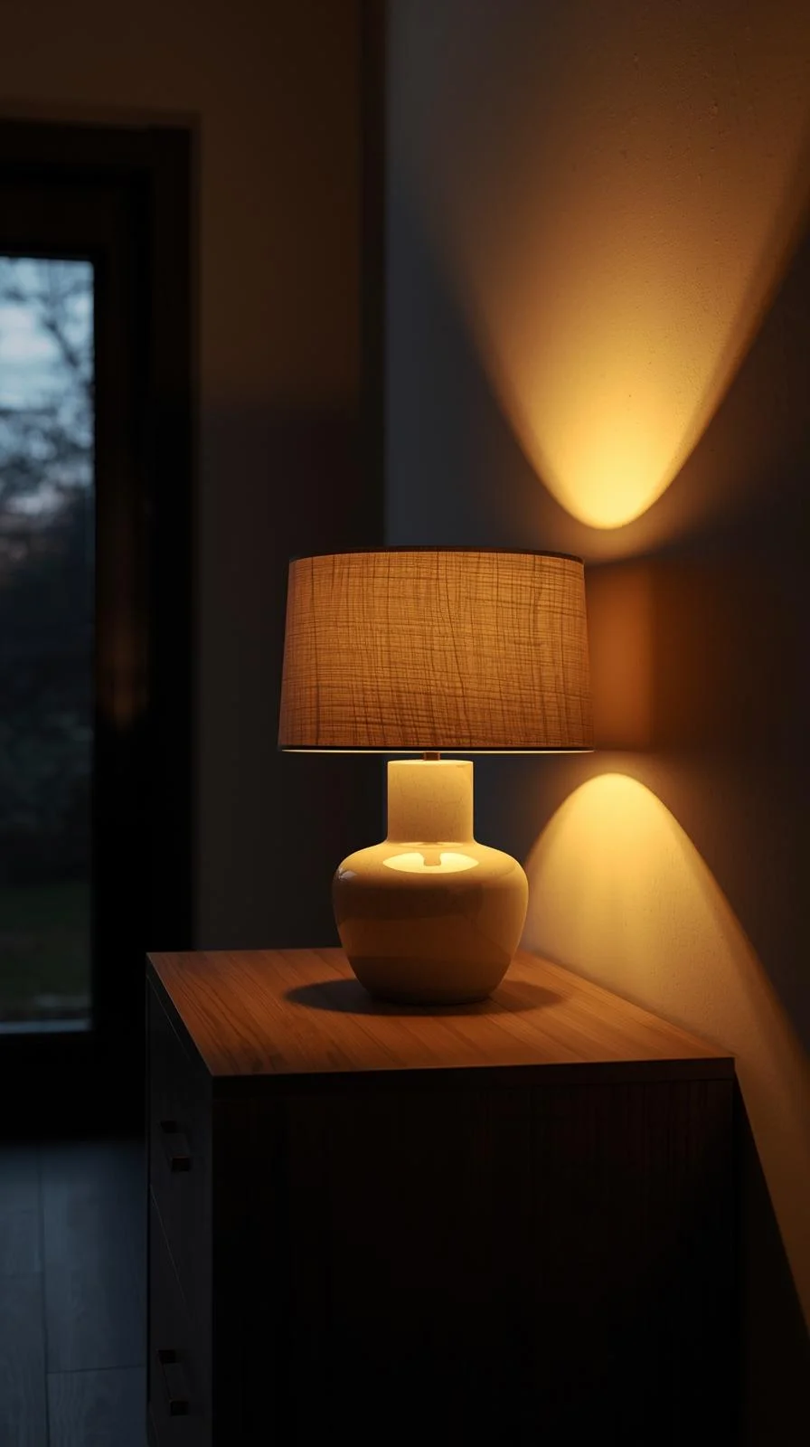 Lampe d'appoint allumée sur une console d'entrée, créant une ambiance accueillante et chaleureuse.