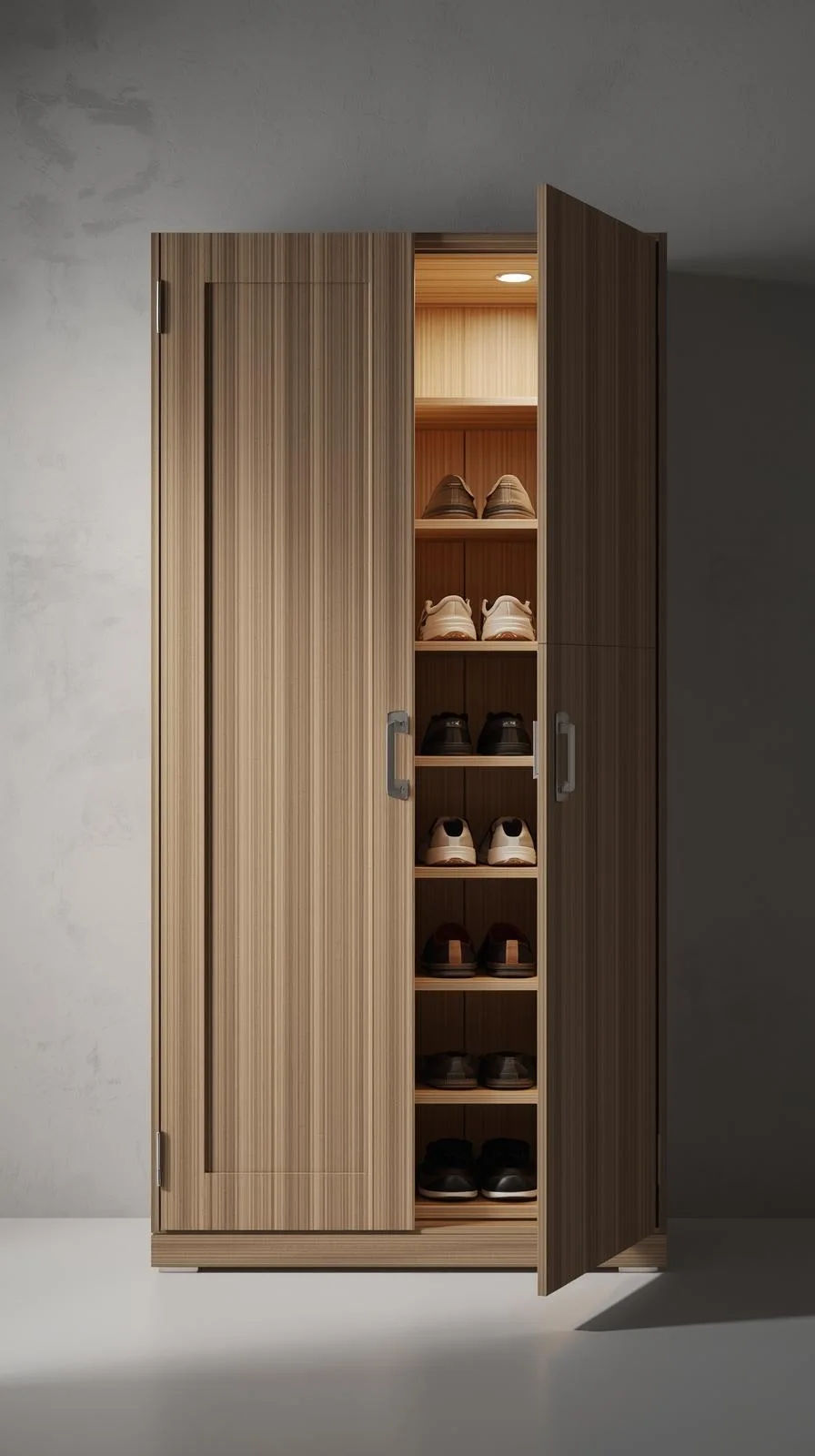 Meuble à chaussures fermé en bois avec plusieurs étagères éclairées, parfait pour organiser une entrée familiale.