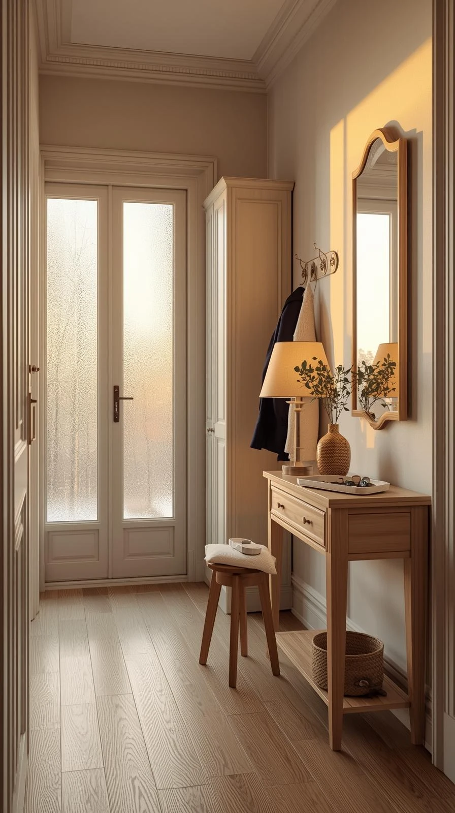 Ensemble de meubles d'entrée scandinave avec console en bois, tabouret, miroir et armoire blanche pour un rangement fonctionnel.