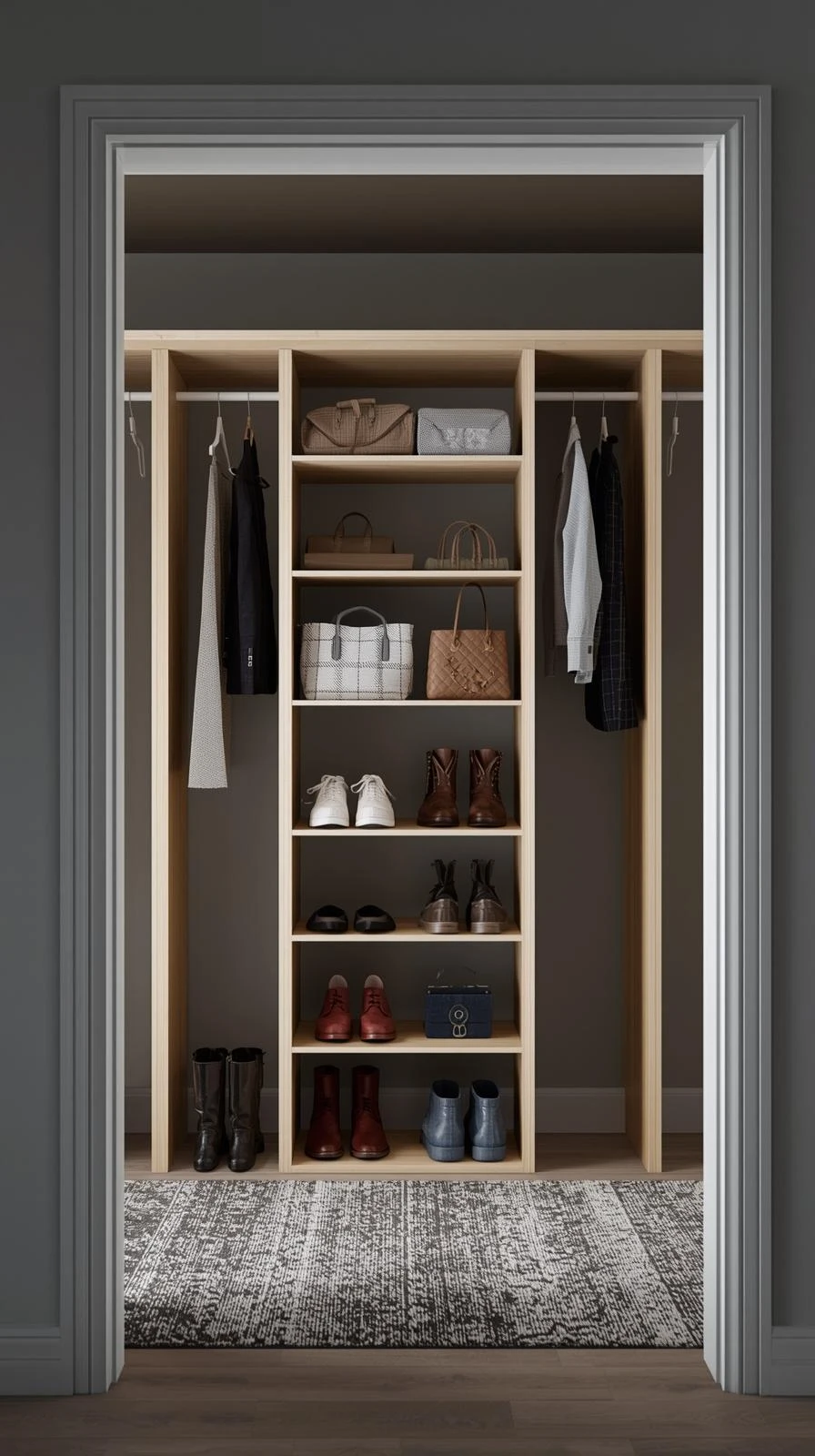 Vue intérieure d'un placard d'entrée organisé avec des cloisons verticales, des étagères pour chaussures et sacs, et des tringles.