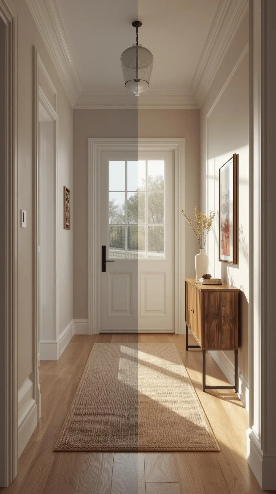 Couloir d'entrée lumineux avec porte d'entrée blanche. À droite, une console en bois mince avec structure en métal noir.
