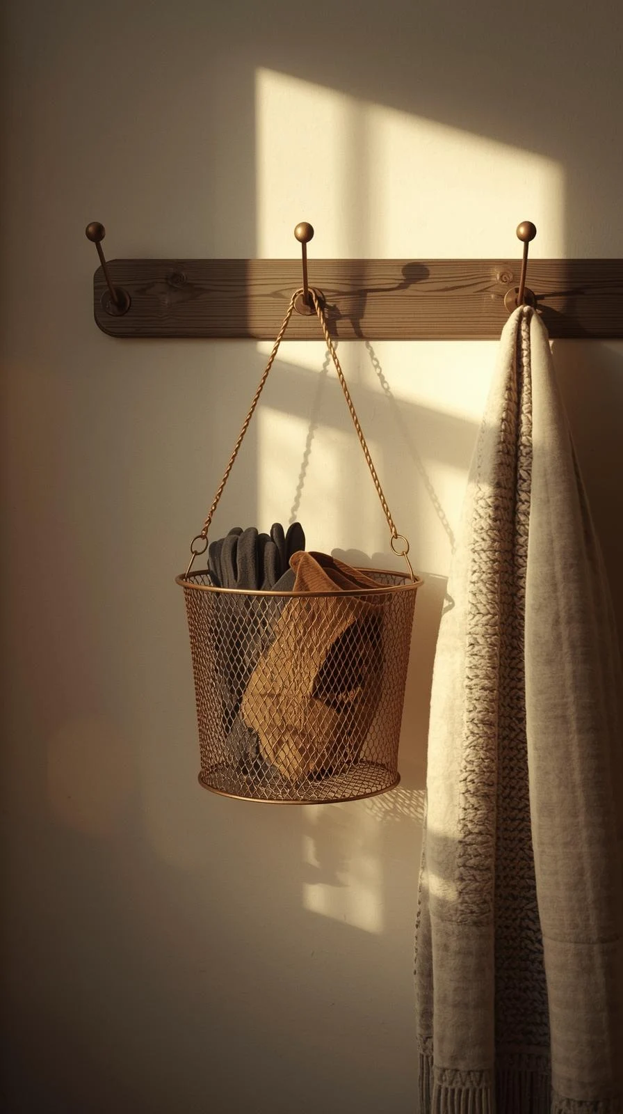 Un panier en grillage métallique doré suspendu à une patère en bois, contenant des gants. Une écharpe est accrochée à côté.