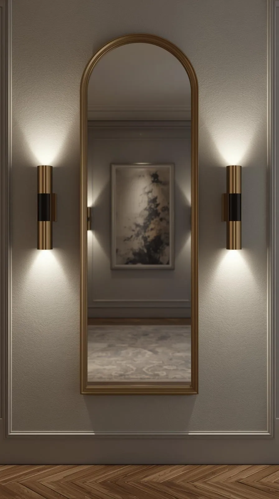 Deux appliques murales design en laiton, allumées et encadrant un miroir vertical dans un hall d'entrée.