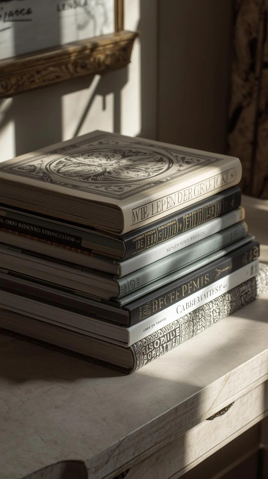 Une pile de beaux livres de décoration et d'art, empilés artistiquement sur une console dans une entrée.