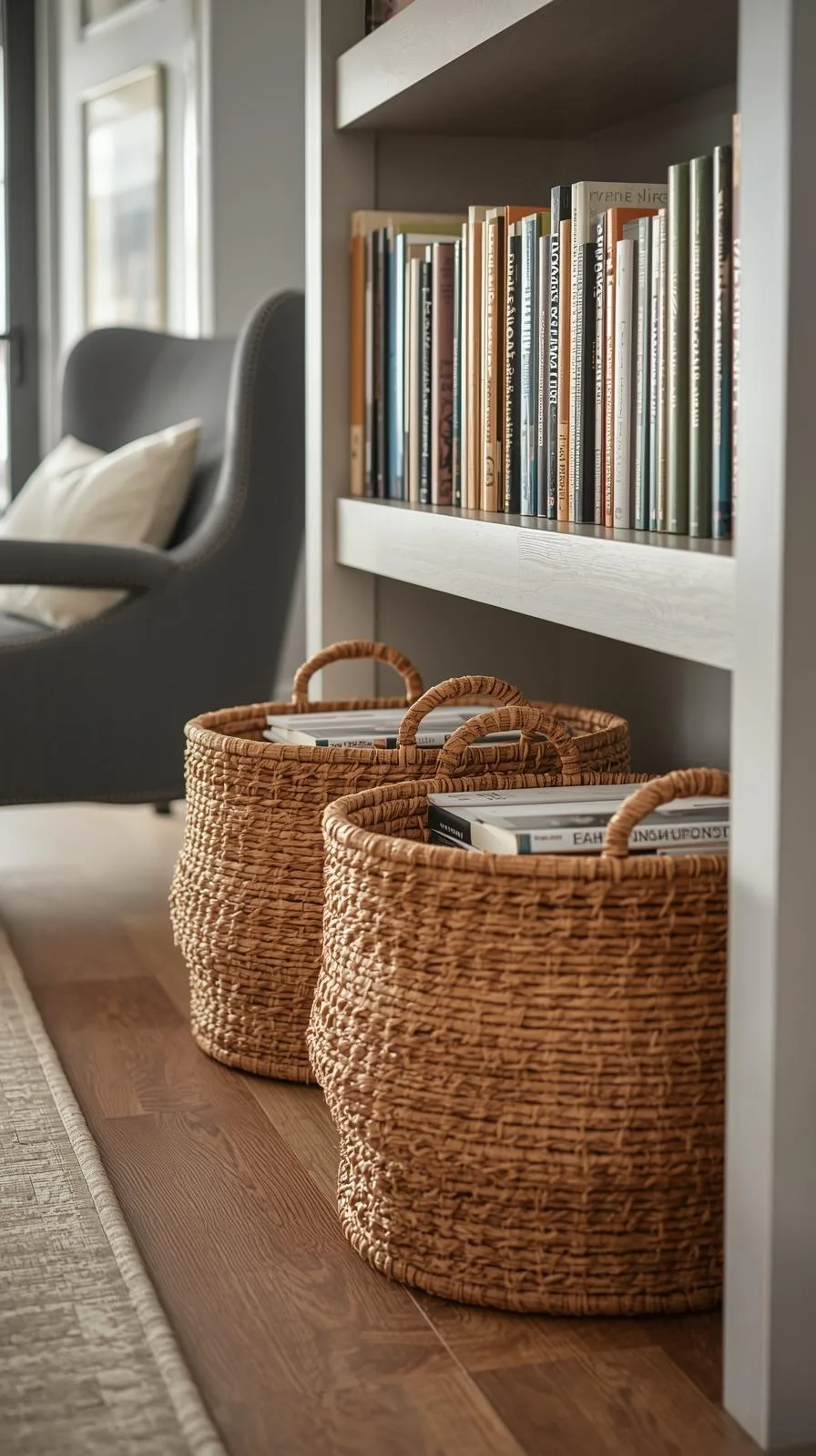 Deux grands paniers ronds en rotin remplis de livres, posés au sol sous l'étagère la plus basse d'une bibliothèque blanche.