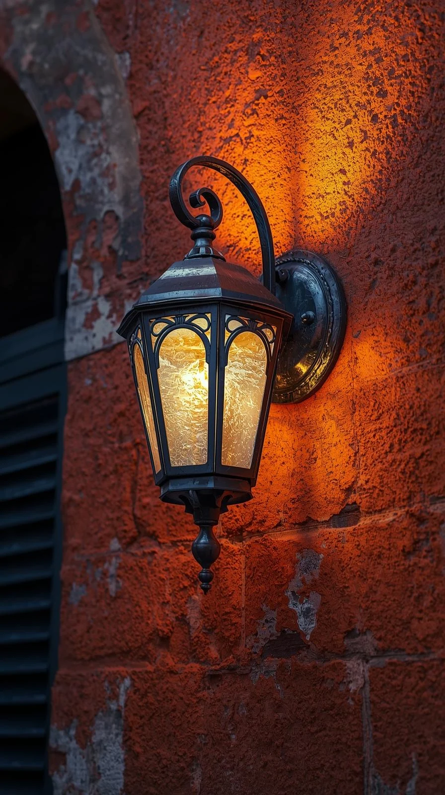 Une applique murale de style lanterne vintage, allumée d'une lueur chaude sur un mur rouge texturé, la nuit.