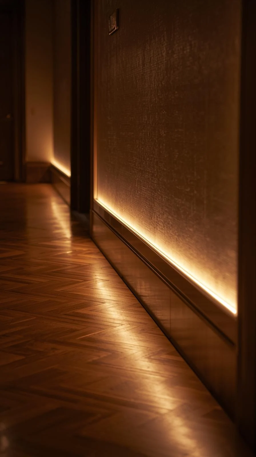 Vue au ras du sol d'un couloir la nuit, avec un parquet en chevron en bois chaud, illuminé par une bande LED ambrée intégrée dans la plinthe.
