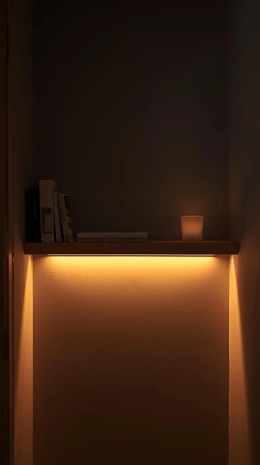 Une étagère murale dans une ambiance tamisée, avec une bande LED cachée en dessous qui projette une lumière chaude et indirecte sur le mur texturé.