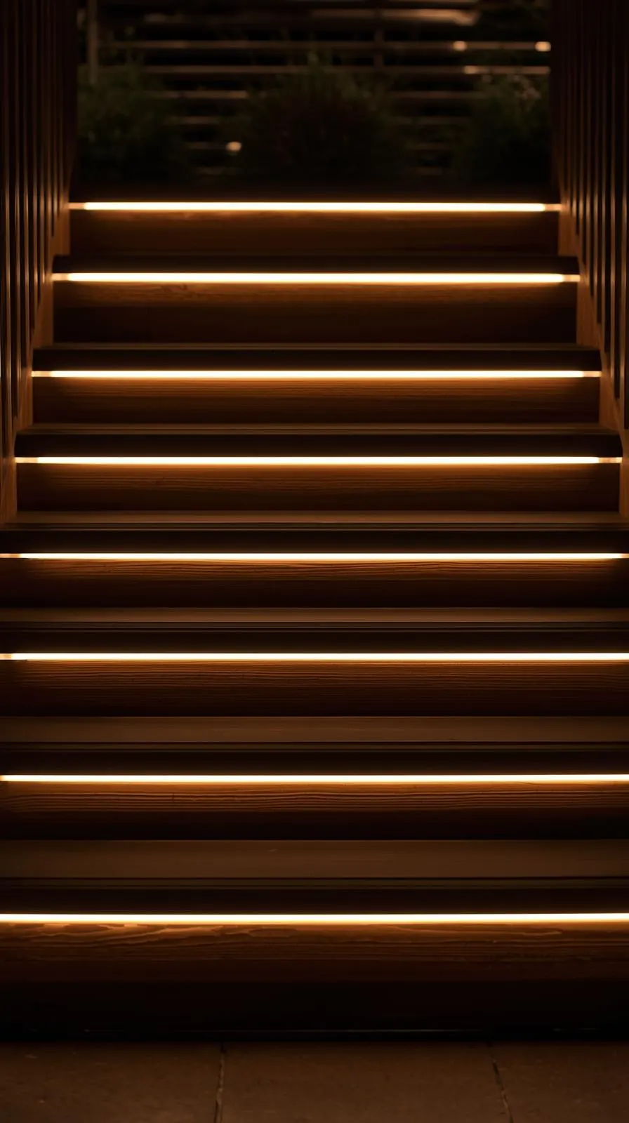 Marches d'escalier en bois éclairées la nuit par des bandes LED blanc chaud intégrées sous le nez de chaque marche.