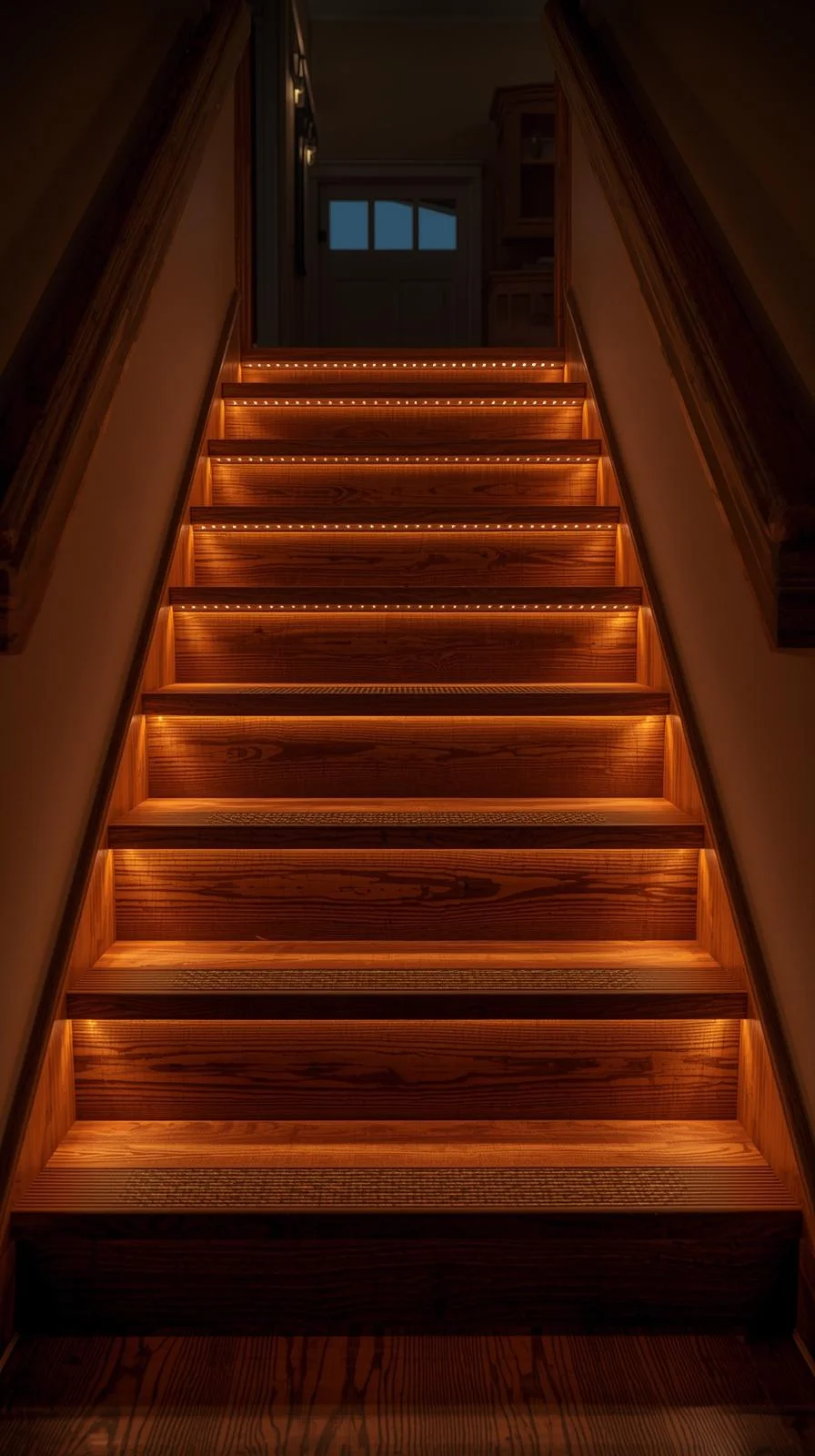 Un escalier en bois éclairé par des bandes LED chaudes installées sous le nez de chaque marche, créant une ambiance tamisée.