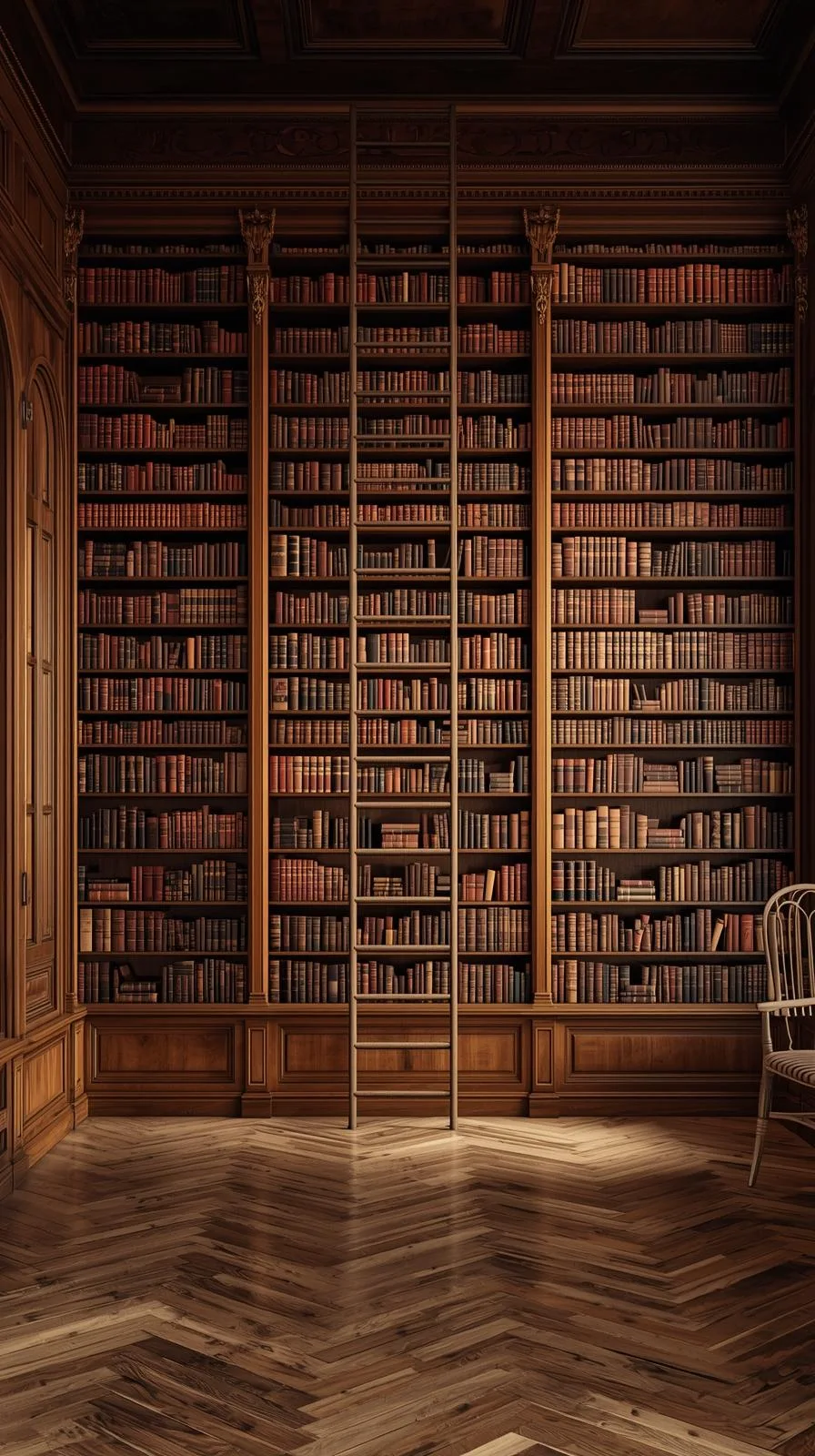 Une bibliothèque murale massive en bois sombre, allant du sol au plafond, remplie de livres anciens, avec une échelle coulissante au centre.