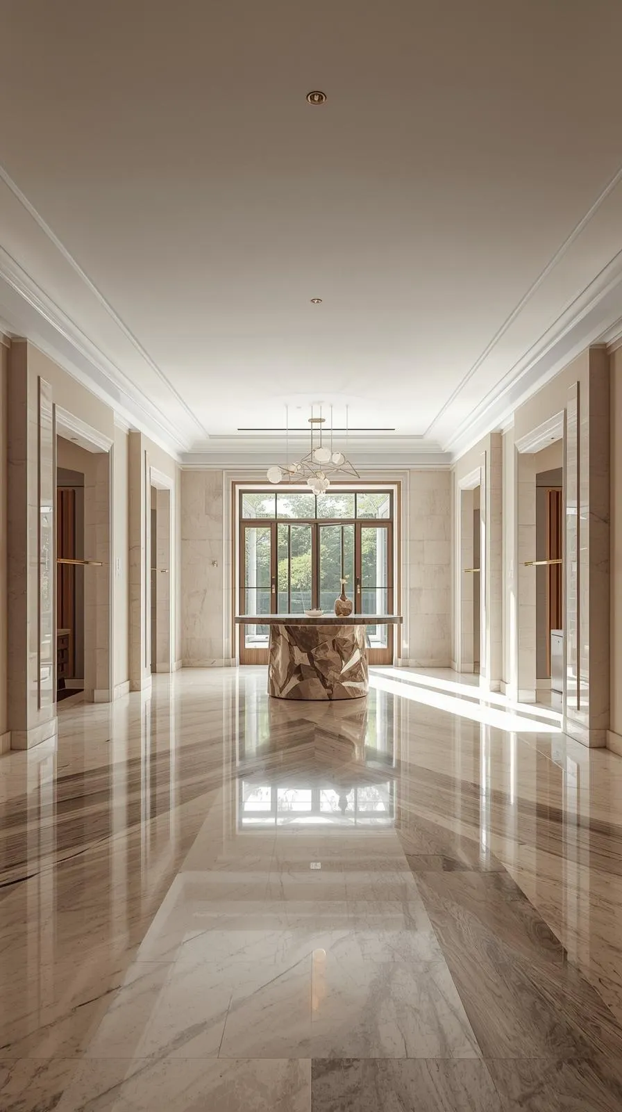 Un très grand hall d'entrée avec un sol en marbre et une table sculpturale placée au centre comme un îlot.