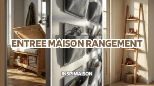 Un collage de 3 idées entree maison rangement : un banc coffre en bois, des pochettes murales en feutre, et une étagère-échelle pour chaussures.