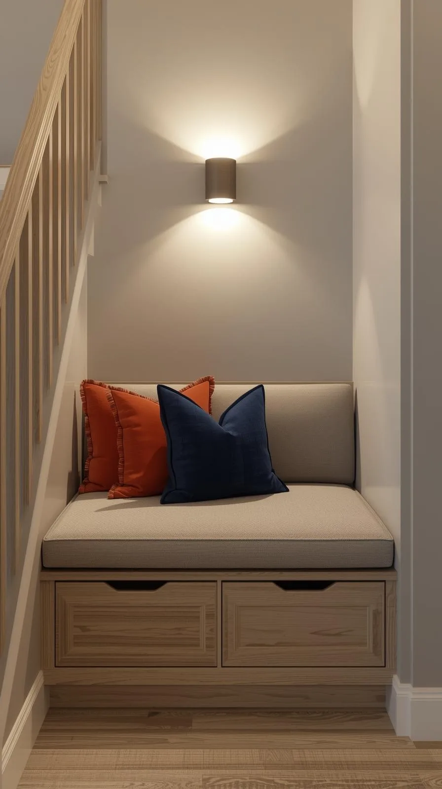 Une banquette cosy aménagée sur mesure sous un escalier, avec un matelas beige, des coussins et des tiroirs de rangement en bois.