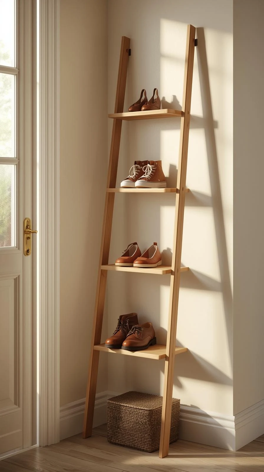 Une étagère en forme d'échelle en bois clair posée contre un mur, utilisée pour exposer et ranger plusieurs paires de chaussures.