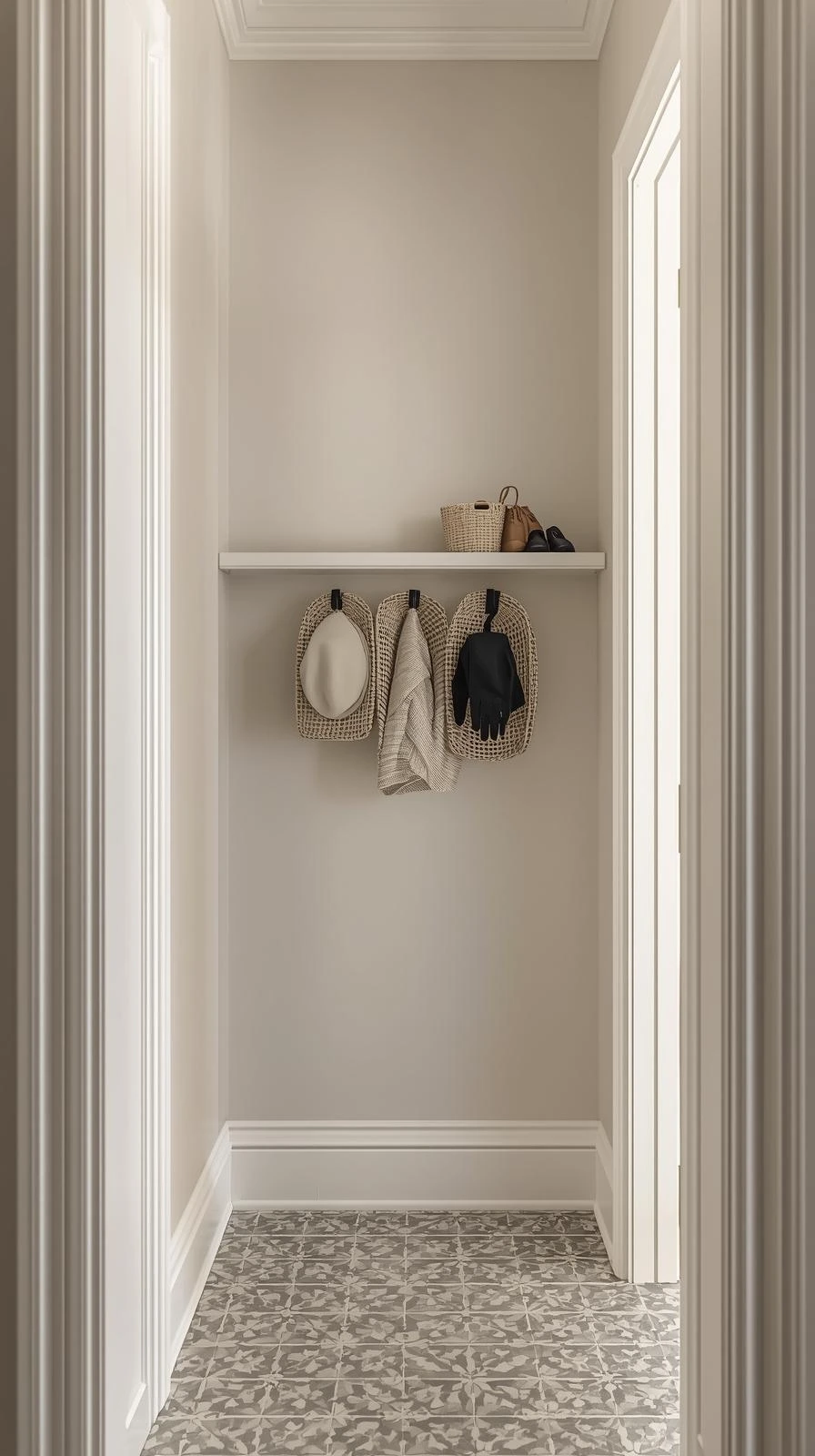 Une étagère flottante blanche et fine installée en hauteur dans une petite entrée, avec des paniers suspendus en dessous pour les gants et accessoires.