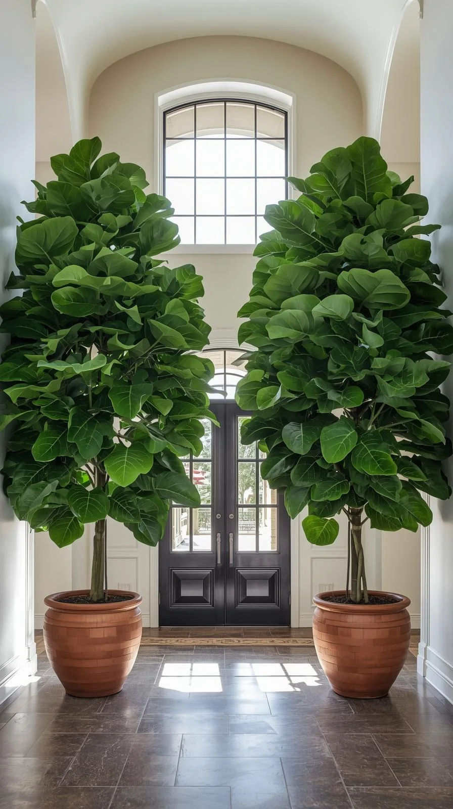 Deux très grandes plantes vertes (ficus lyrata) dans des pots en terre cuite identiques, encadrant symétriquement une porte d'entrée.