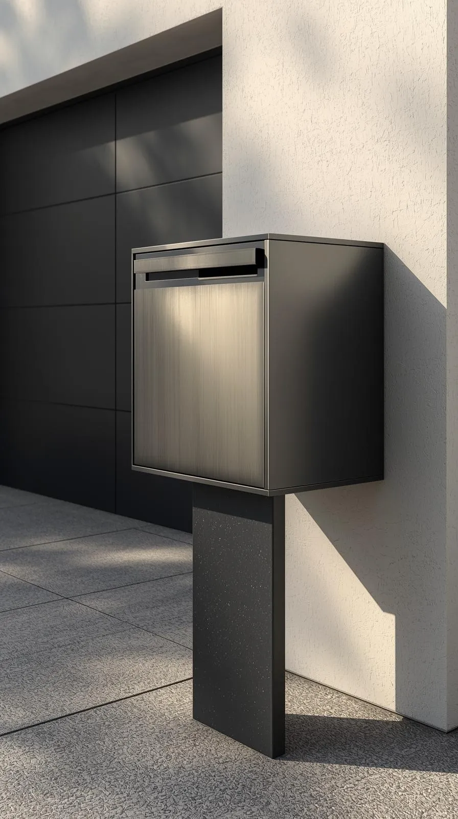 Une boîte aux lettres design et moderne, en métal noir mat, sur pied, installée près d'une entrée de garage.