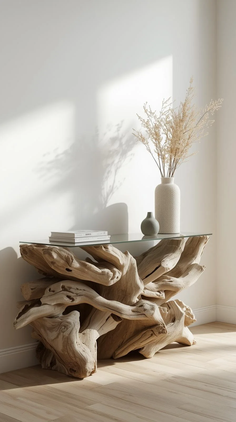 Une console d'entrée sculpturale composée d'une base en bois flotté assemblé et d'un plateau en verre transparent.