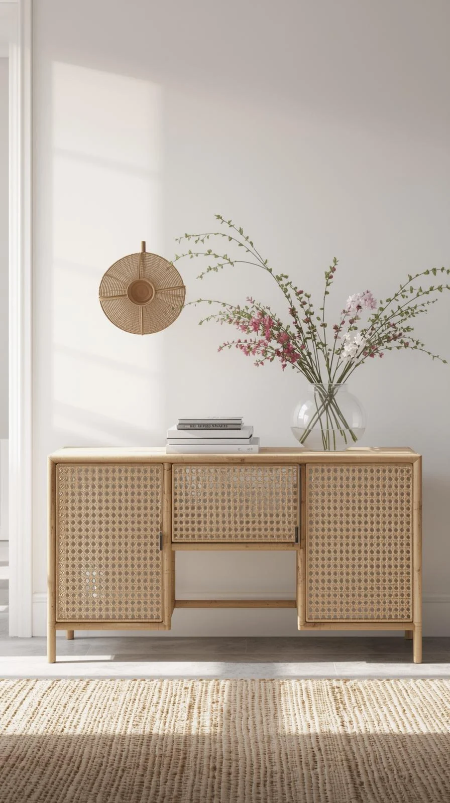 Un buffet d'entrée en bois clair et rotin tressé (cannage), dans un style bohème chic et naturel.