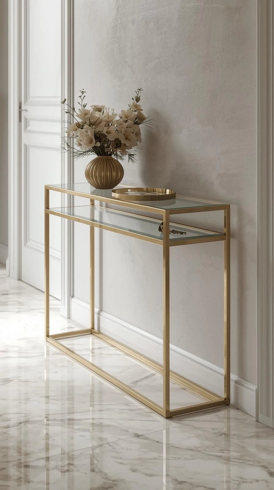 Une console d'entrée élégante et minimaliste avec une structure fine en laiton doré et deux plateaux en verre, sur un sol en marbre.