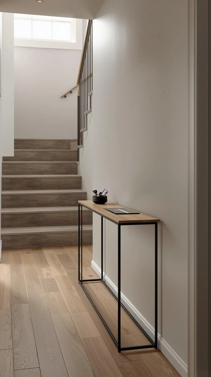 Une console d'entrée très étroite avec une structure en métal noir et un plateau en bois, placée contre un mur dans un couloir avec escalier.