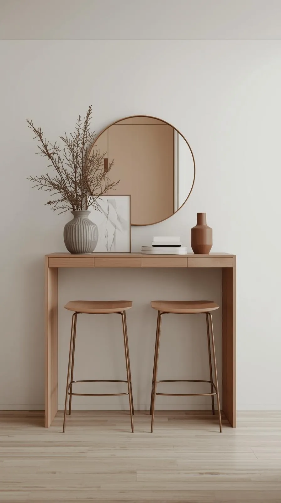 Une console haute en bois de style bar, avec deux tabourets hauts rangés en dessous, servant de buffet d'entrée.