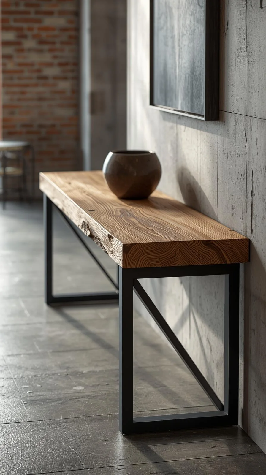 Une console d'entrée industrielle avec une structure en métal noir et un plateau épais en bois brut, dans un décor de style loft.
