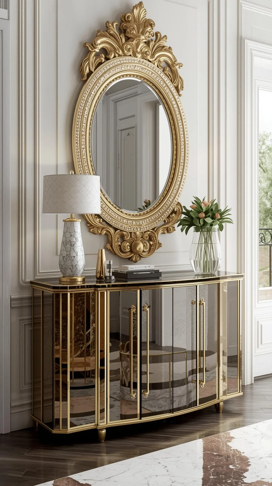 Un buffet d'entrée glamour de style Art Déco avec des façades en miroir, une structure dorée et un grand miroir orné au-dessus.