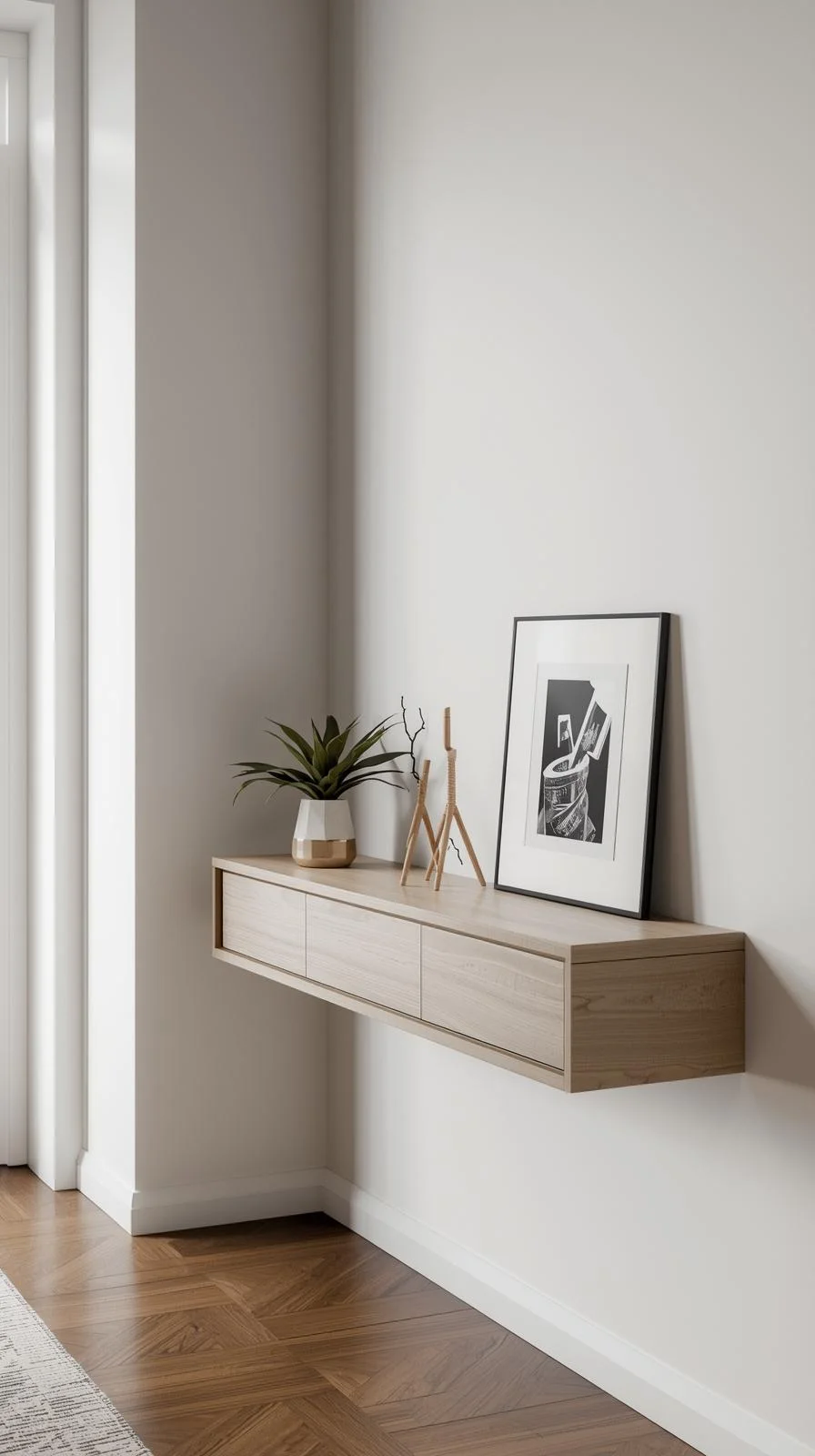 Une console d'entrée murale et flottante en bois clair, fixée au mur sans pieds, pour un effet moderne et gain de place.
