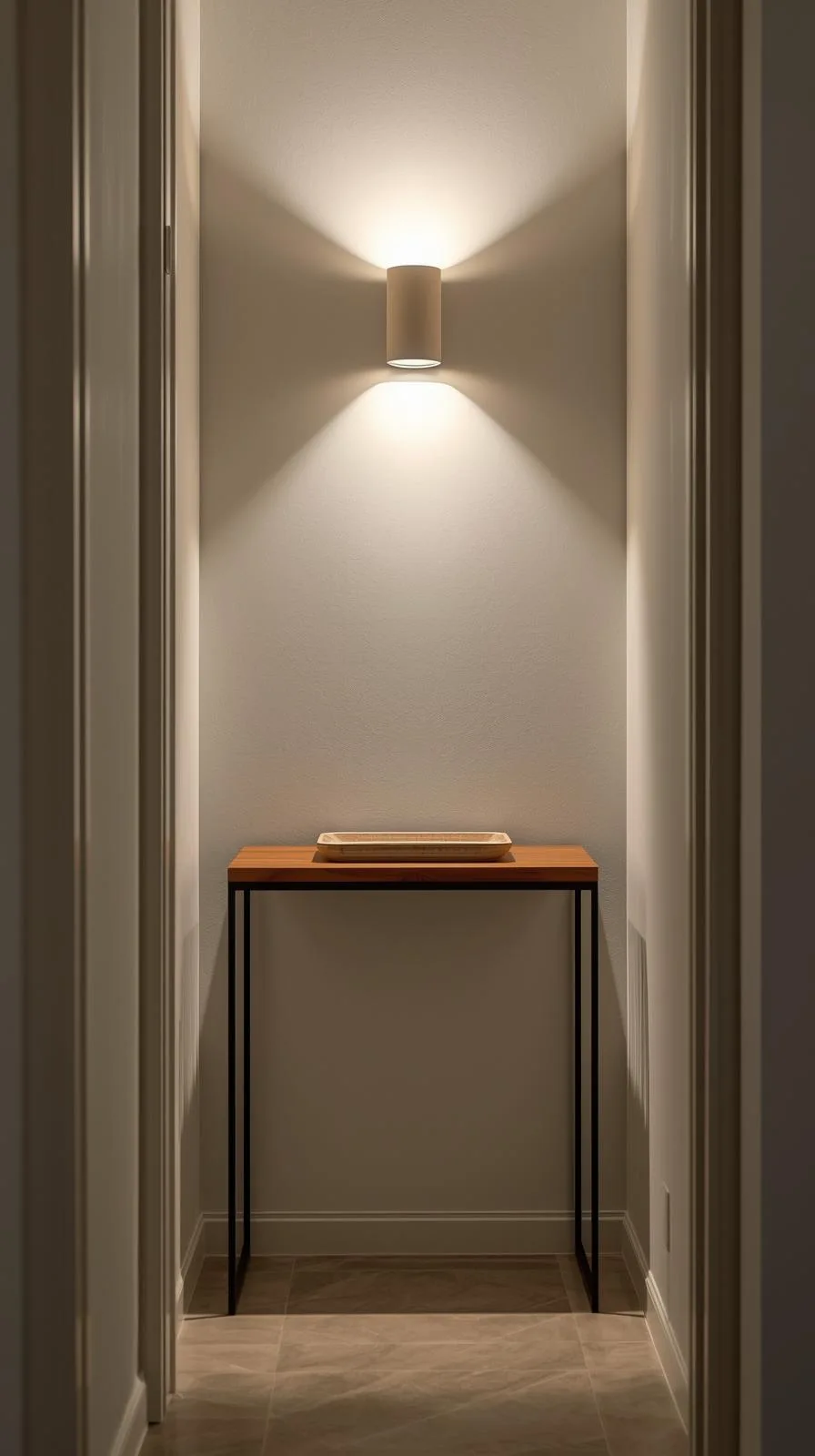 Une console ultra-fine avec des pieds en métal noir et un plateau en bois, placée dans une niche de couloir étroite, sous une applique murale.