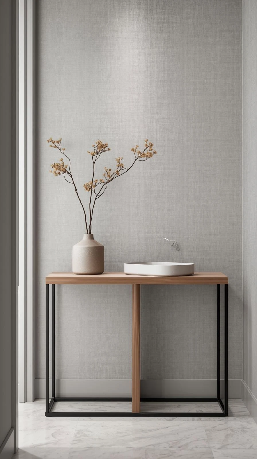 Une console ultra-fine de moins de 25 cm de profondeur, avec une structure en métal noir et un plateau en bois, sur laquelle sont posés un vase et un plateau vide-poches.