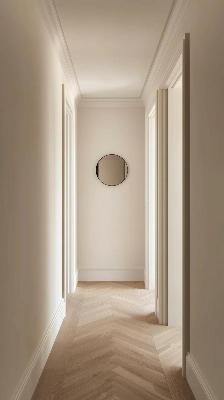 Un couloir étroit entièrement peint en blanc cassé, des murs aux plinthes et au plafond, donnant une sensation d'espace et de continuité.