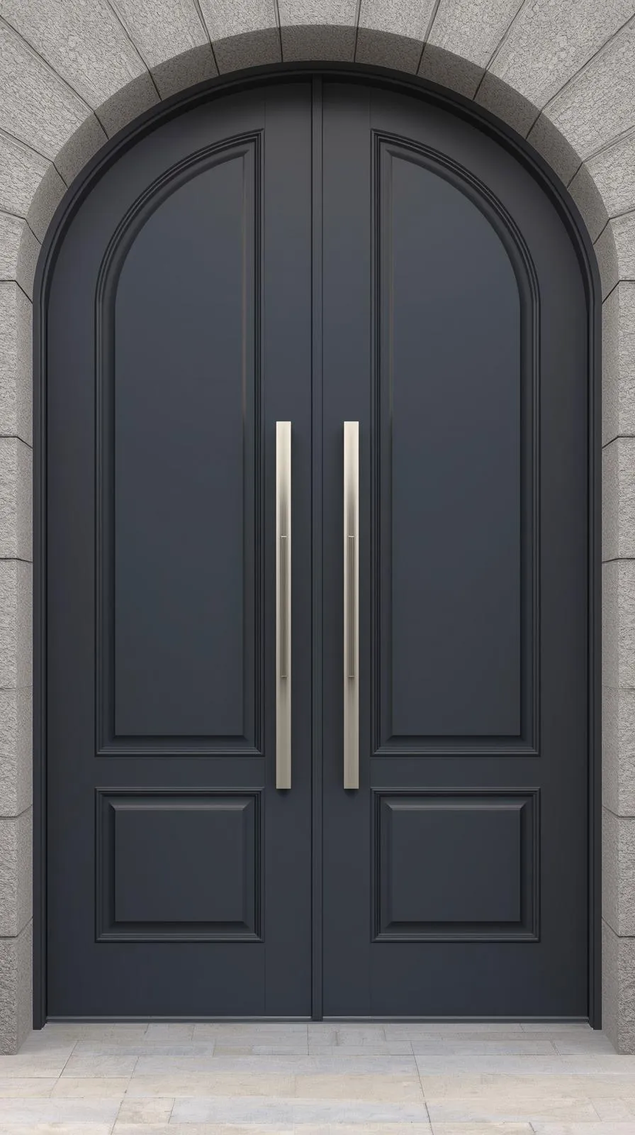 Une double porte d'entrée symétrique et cintrée, couleur gris anthracite, avec des poignées modernes en acier, donnant un look "château moderne".